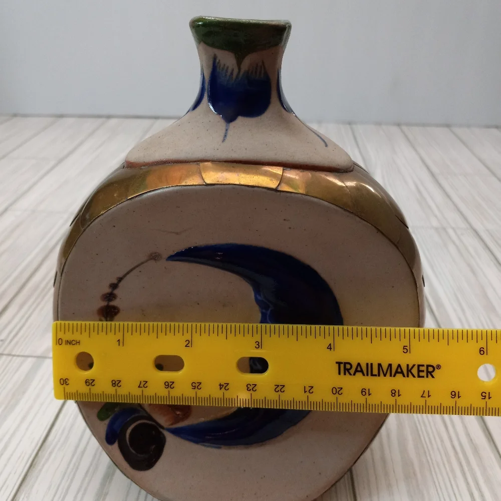 Vintage Mexican Tonala Hand Painted Pottery Sun & Moon Folk Art Brass Vase